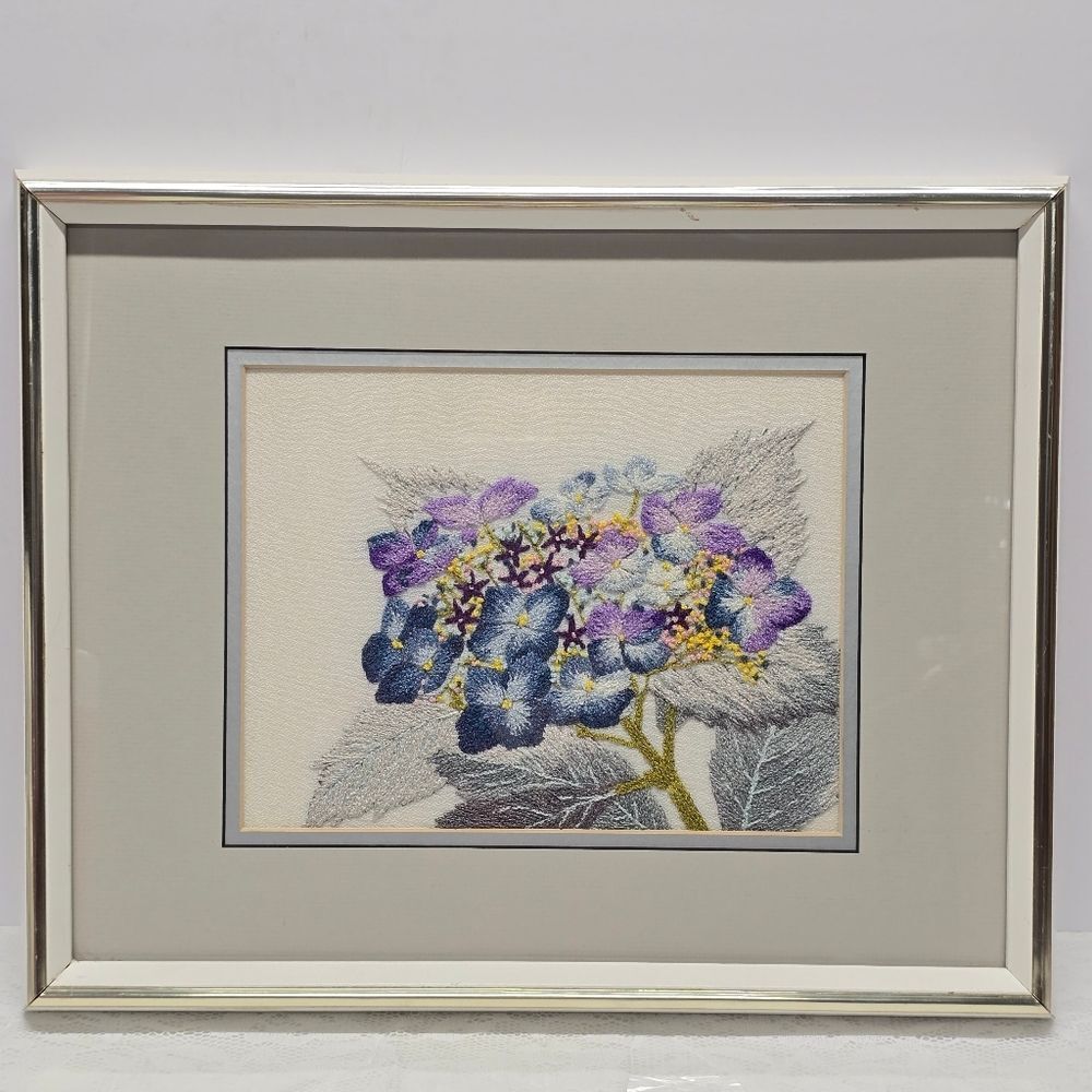Vintage 90s Handmade Punch Embroidery Hydrangea Flowers Boho Floral Framed Art